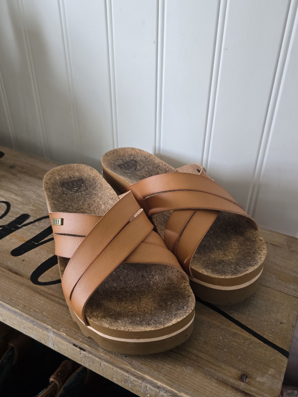 Reef Leather Crossover Slide Sandals in Tan